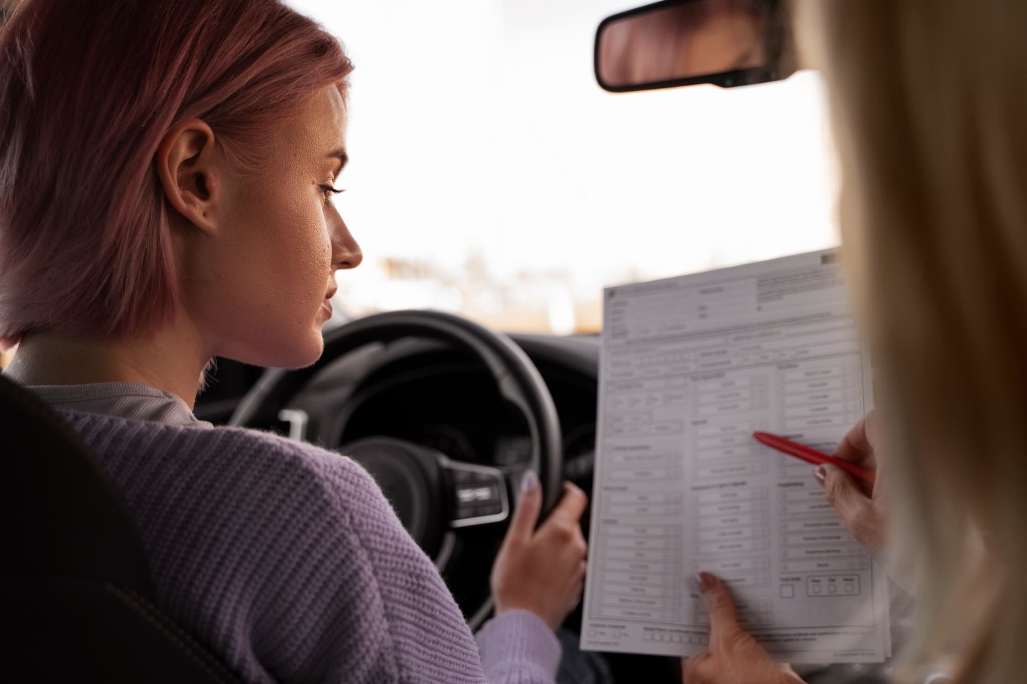 woman taking her driver s license test vehicle